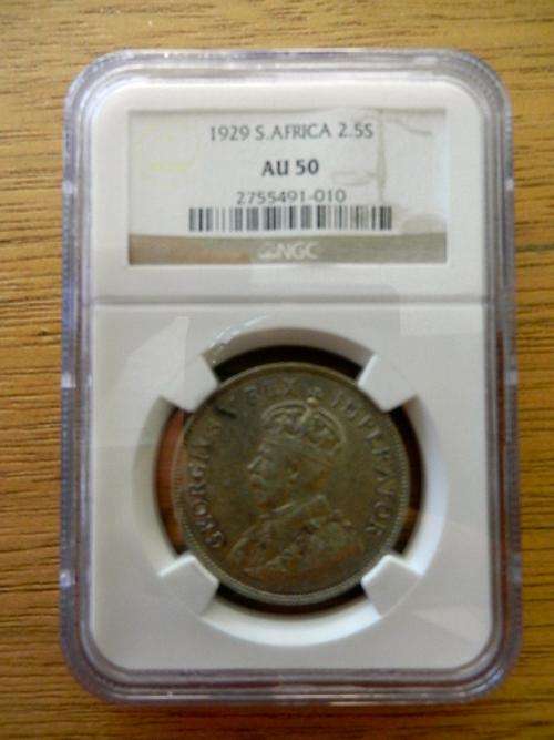 1929 - SOUTH AFRICA - 2.5 SHILLINGS - GRADED AU50 - EXCEPTIONALLY RARE FIND!!!!