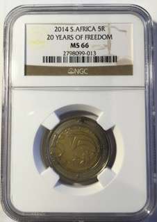 2014 RSA R5 COIN - 20 YEARS OF DEMOCRACY - MS66 - NGC GRADED