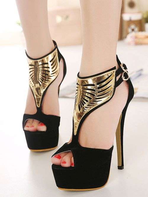 Sexy Gold and Black peep toe high heels