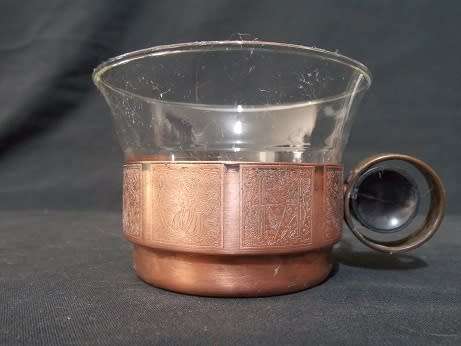 Set of Three Gluwein Glasses 2 Brass and 1 Silver plated Holders Glasses by Jena Glass