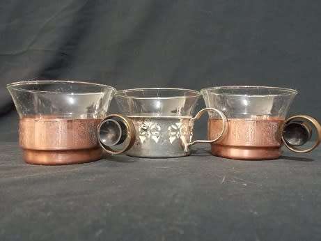 Set of Three Gluwein Glasses 2 Brass and 1 Silver plated Holders Glasses by Jena Glass