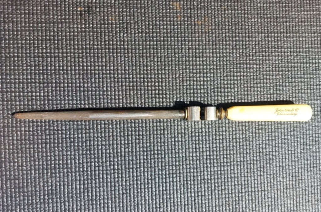 RARELY SEEN 1929 JOHN ORRS KNIFE SHARPENER ROD WITH CLASSIC YELLOW FAUX BONE HANDLE