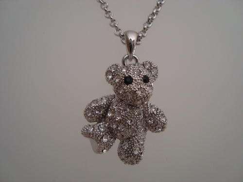 RHODIUM PLATED TEDDY BEAR NECKLACE WITH GLASS CRYSTAL