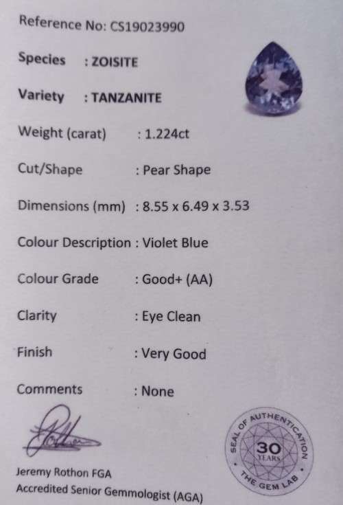 1.22ct Certified Pear Tanzanite