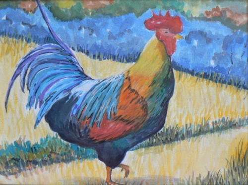 A  PROUD ROSTER, animals, birds, watercolour, Leonie van Loggerenberg