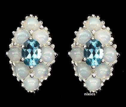 DAZZLING REAL OPAL & BLUE TOPAZ 925 STERLING SILVER EARRINGS