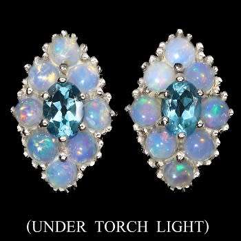 DAZZLING REAL OPAL & BLUE TOPAZ 925 STERLING SILVER EARRINGS