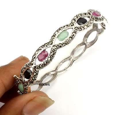 **LOW START* GENUINE RUBY, EMERALD & SAPPHIRE 925 STERLING SILVER BANGLE