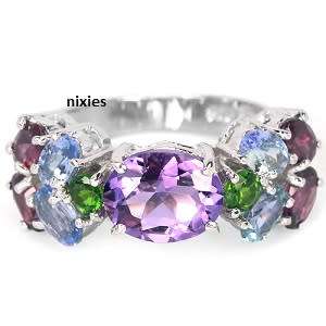 UNIQUE MULTI GEM SOLID 925 STERLING SILVER RING - SIZE 6(M)