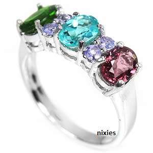 GORGEOUS TANZANITE, GARNET, APATITE & CHROME DIOPSIDE SOLID 925 STERLING SILVER RING - SIZE 8(Q)