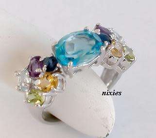 UNIQUE MULTI GEM SOLID 925 STERLING SILVER RING - SIZE 6(M)