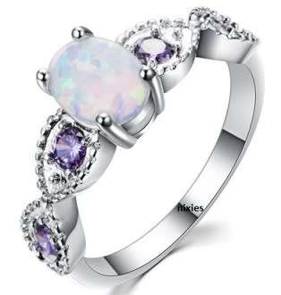 GORGEOUS AMETHYST AND WHITE FIRE OPAL RING - SIZE 6(M)