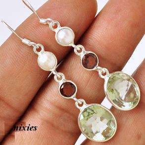 EYE CATCHING GREEN AMETHYST, PEARL & GARNET SOLID SILVER EARRINGS