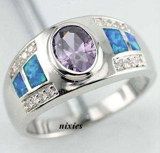 ATTRACTIVE FIRE OPAL & AMETHYST STAMPED 925 STERLING SILVER RING - SIZE 8(Q)