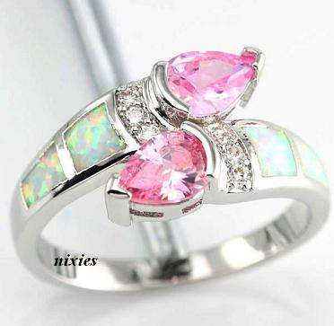 STUNNING FIRE OPAL & SOFT PINK TOPAZ STAMPED 925 STERLING SILVER RING - SIZE 7(O)