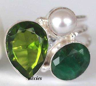 REMARKABLE NATURAL PEARL, EMERALD & PERIDOT RING - SIZE 7.5(P)