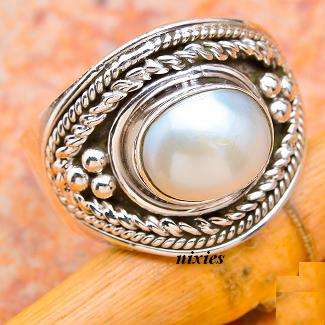 SOLID STERLING SILVER PEARL RING - SIZE 7.5(P)