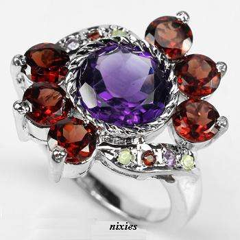GENUINE AMETHYST & GARNET 925 STERLING SILVER RING - SIZE 9(S)