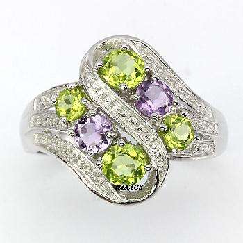MAGNIFICENT PERIDOT & AMETHYST 925 STERLING SILVER RING - SIZE 8(Q)