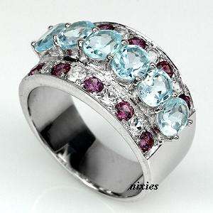 GORGEOUS SOLID 925 STERLING SILVER BLUE TOPAZ & RHODOLITE RING - SIZE 7(O)