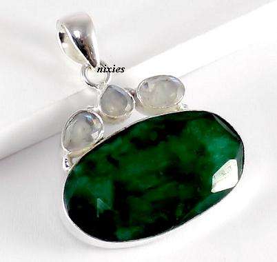 REMARKABLE RICH EMERALD & MOONSTONE 925 STERLING SILVER PENDANT