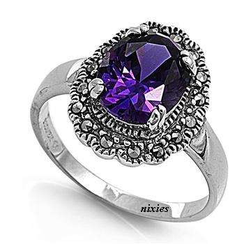 BEAUTIFUL AMETHYST & MARCASITE RING - SIZE 6(M)
