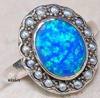 GORGEOUS 925 STERLING SILVER BLUE FIRE OPAL & PEARL RING - SIZE 8(Q)