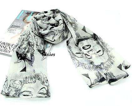 NEW ICE SILK VINTAGE DESIGN WHITE AND BLACK SCARF / WRAP SHAWL