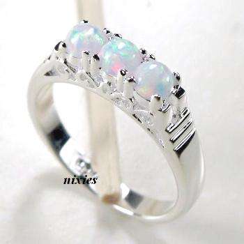 BEAUTIFUL 3-STONE FIRE OPAL RING IN 925 SS - SIZE 8