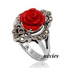 AMAZING RED CARVED ROSE & MARCASITE RING - SIZE 8(Q)