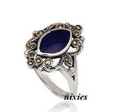 BEAUTIFUL MARCASITE & LAPIS SILVER RING - SIZE 7(O)