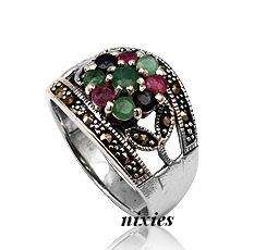 GENUINE RUBY, EMERALD & SAPPHIRE SILVER RING - SIZE 8(Q)