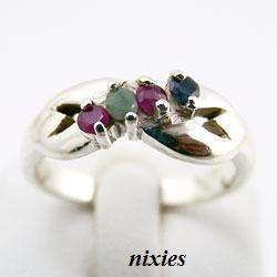 NATURAL EMERALD, RUBY & SAPPHIRE  STERLING SILVER RING - SIZE 8(Q)