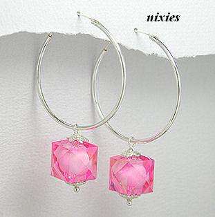 SOLID 925 STERLING SILVER S PINK SAPPHIRE CRYSTAL DANGLING HUGGIES