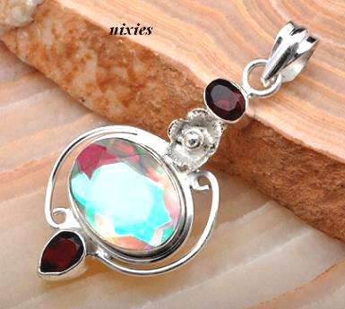 LOVELY MYSTIC TOPAZ WITH GARNETS IN 925 STERLING SILVER