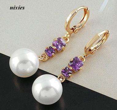 ELEGANT AMETHYST &  WHITE FAUX PEARL EARRINGS