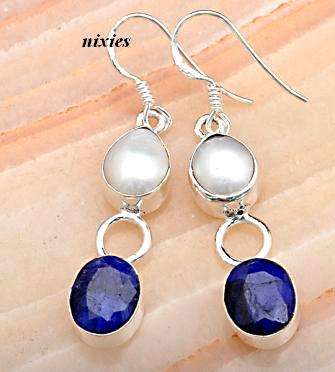 LOVELY SOLID SILVER SAPPHIRE & PEARL  EARRINGS