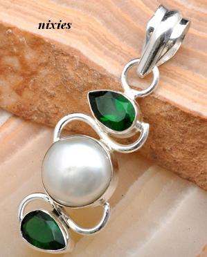 LOVELY GREEN TOPAZ & PEARL STERLING SILVER PENDANT