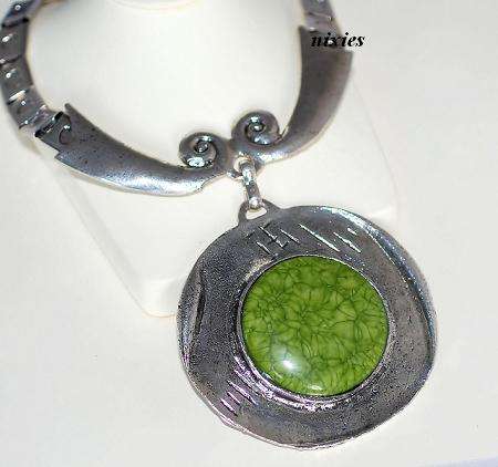 HUGE GREEN STONE PENDANT NECKLACE IN TIBETAN SILVER