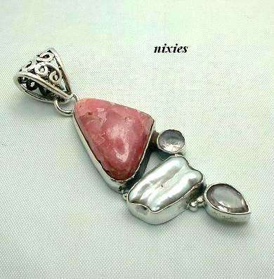 100% NATURAL RHODOCHROSITE, BIWA PEARL & PINK TOPAZ STERLING SILVER PENDANT