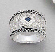 DAZZLING SOLID SILVER SAPPHIRE & MARCASITE RING - SIZE 7(O)