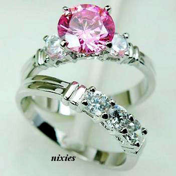 UNIQUE SIM SAPPHIRE & DIAMOND STERLING SILVER WEDDING SET - SIZE 9(S)