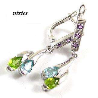 STUNNING NATURAL MULTI-GEM DROP EARRINGS IN STERLING SILVER