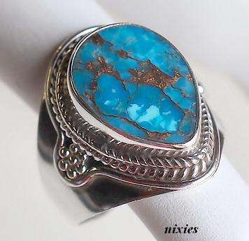 LOVELY BLUE COPPER TURQUOISE SOLID SILVER RING  - SIZE 8(Q)