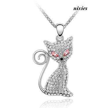 ADORABLE CAT PENDANT WITH PINK TOPAZ SWAROVSKI EYES on chain