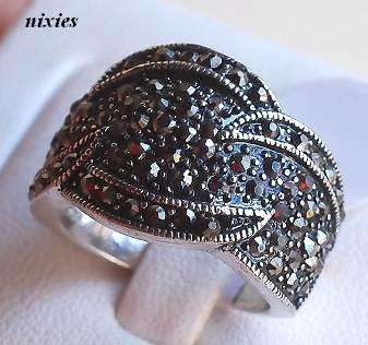 ANTIQUE LOOK TIBETAN SILVER MARCASITE RING - SIZE 7(O)
