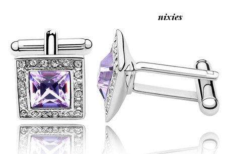 STYLISH SQUARE AMETHYST & CLEAR WHITE SWAROVSKI CUFF LINKS