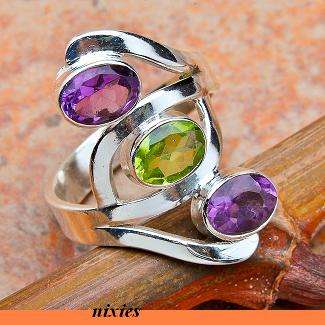 NATURAL AMETHYST & PERIDOT PURE 925 STERLING SILVER RING - SIZE 7(O)