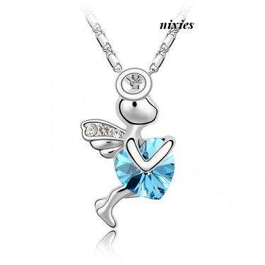 ADORABLE ANGEL HOLDING BLUE TOPAZ SWAROVSKI HEART PENDANT on chain