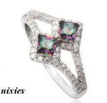 SOLID 925 STERLING SILVER DOUBLE MYSTIC TOPAZ RING - SIZE 8(Q)
